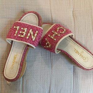 CHANEL Pink and White Slide Sandals